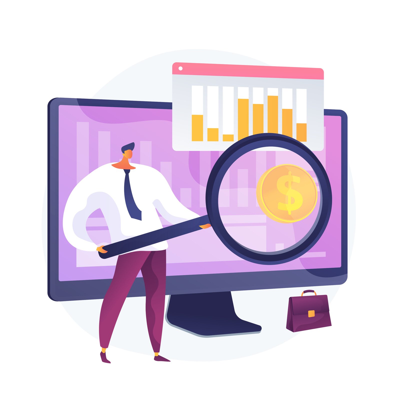 Company development statistics. Financial analytics, investment revenue, growth rates. Stock broker, investor analyzing profitable economy sectors. Vector isolated concept metaphor illustration