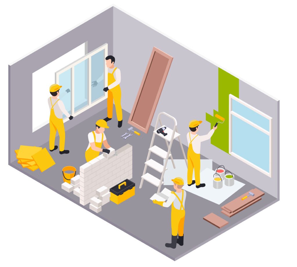 Renovation repair works isometric composition with living room maintenance scenery with workers group performing finishing operations vector illustration