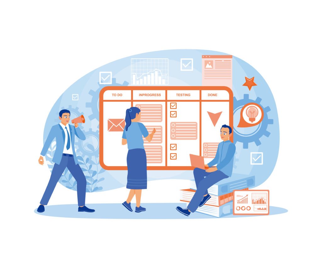 Business people create teamwork concepts on online kanban boards. Project management concept. Flat vector illustration.